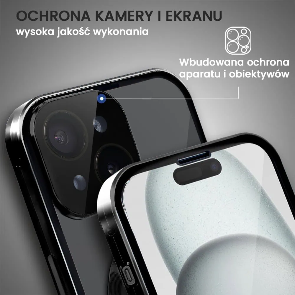 Obudowa do iPhone 15 podwójna szyba i aluminium 360° przód + tył magnetyczna, z Magsafe i osłoną aparatu, czarna