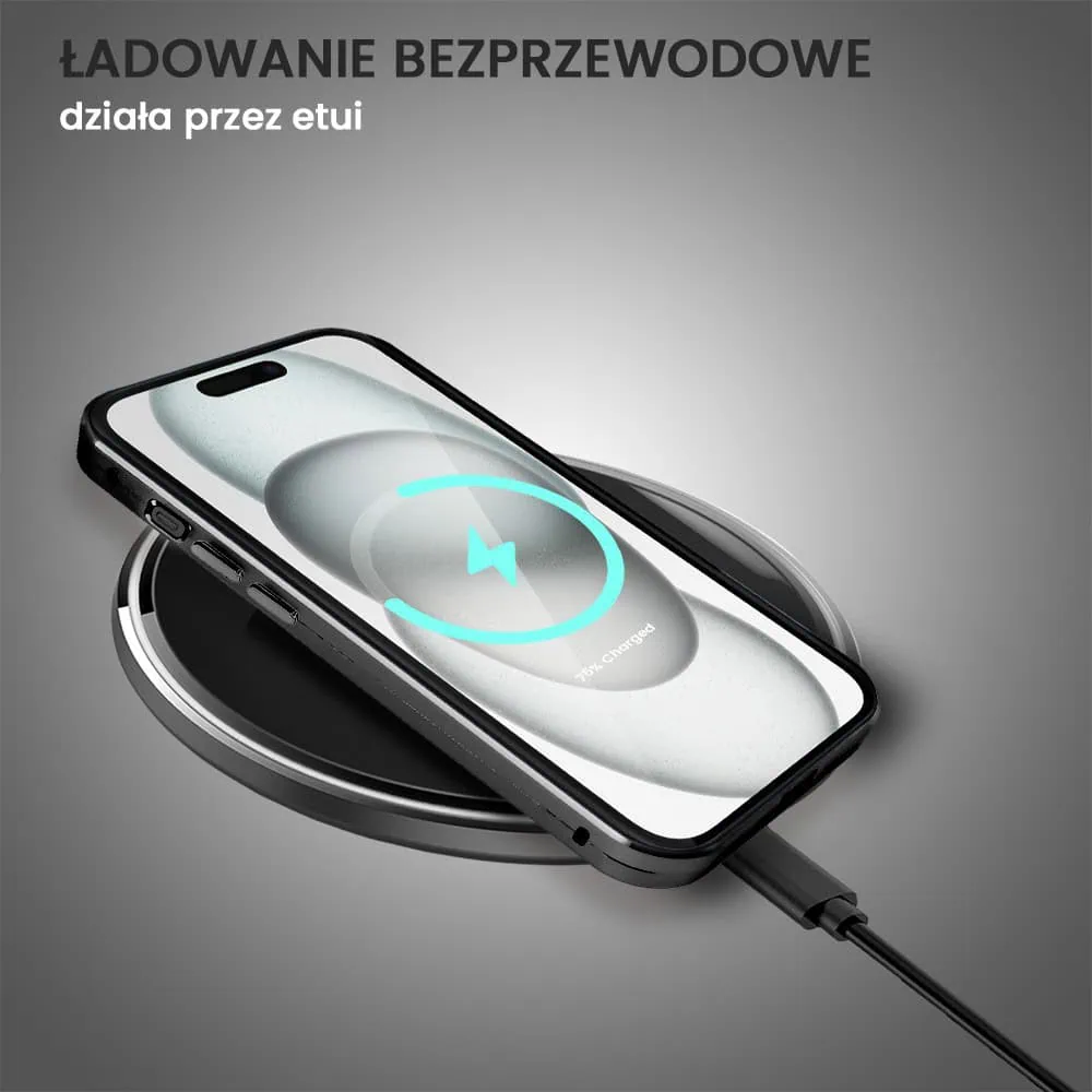 Obudowa do iPhone 15 podwójna szyba i aluminium 360° przód + tył magnetyczna, z Magsafe i osłoną aparatu, czarna