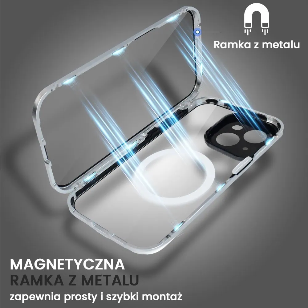 Obudowa do iPhone 15 podwójna szyba i aluminium 360° przód + tył magnetyczna, z Magsafe i osłoną aparatu, srebrna