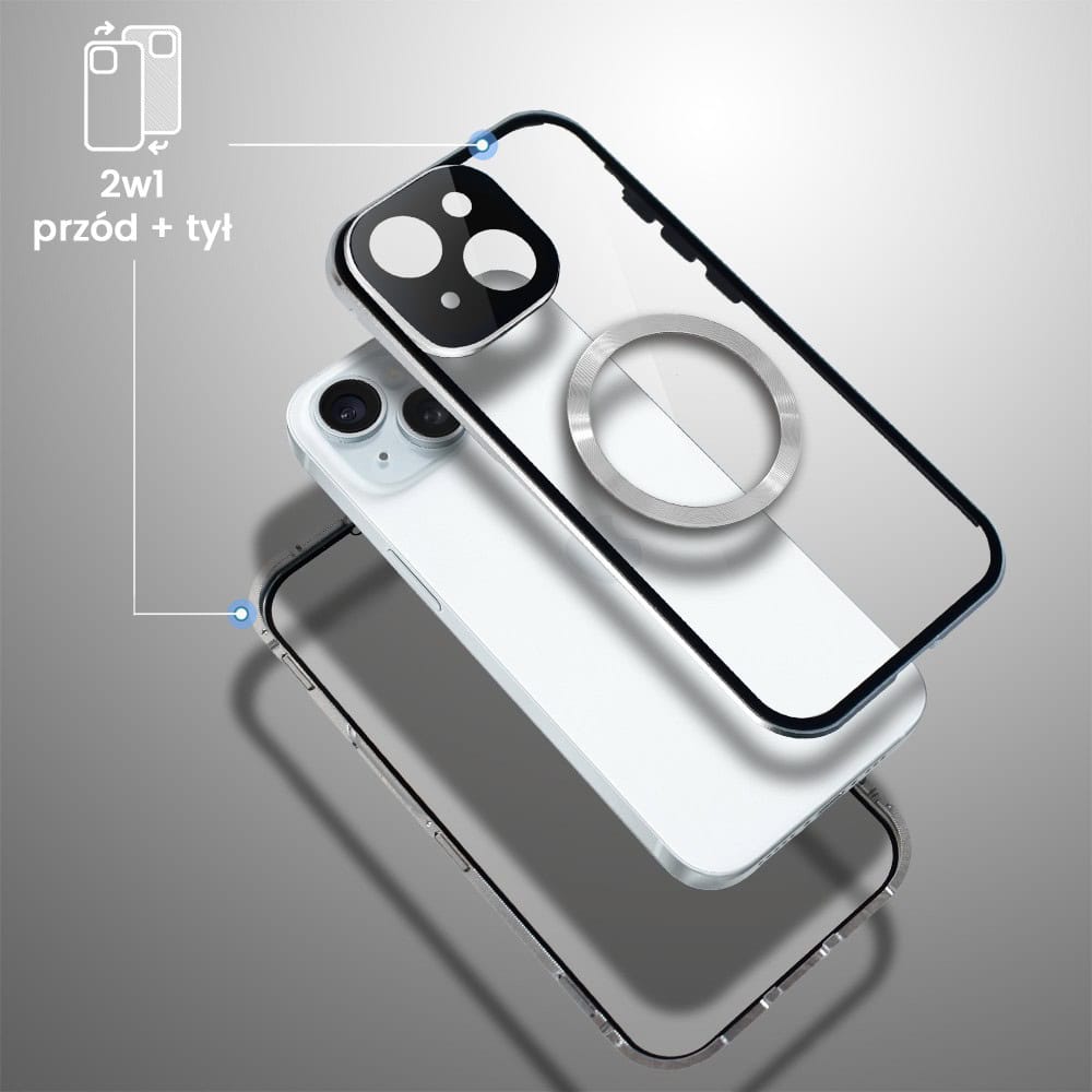 Obudowa do iPhone 15 podwójna szyba i aluminium 360° przód + tył magnetyczna, z Magsafe i osłoną aparatu, srebrna