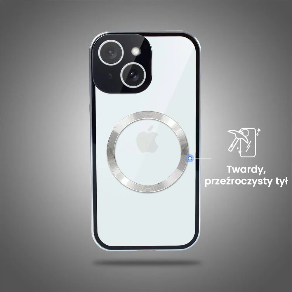 Obudowa do iPhone 15 podwójna szyba i aluminium 360° przód + tył magnetyczna, z Magsafe i osłoną aparatu, srebrna