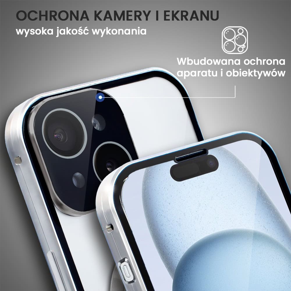 Obudowa do iPhone 15 podwójna szyba i aluminium 360° przód + tył magnetyczna, z Magsafe i osłoną aparatu, srebrna