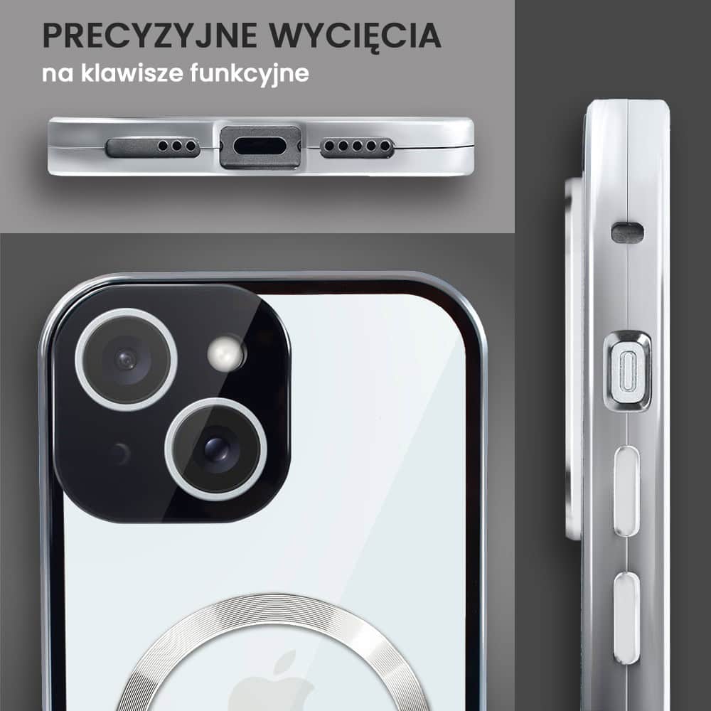 Obudowa do iPhone 15 podwójna szyba i aluminium 360° przód + tył magnetyczna, z Magsafe i osłoną aparatu, srebrna