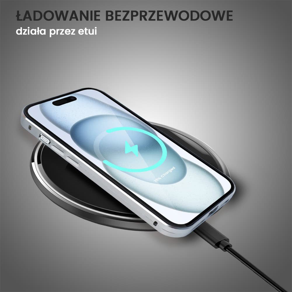 Obudowa do iPhone 15 podwójna szyba i aluminium 360° przód + tył magnetyczna, z Magsafe i osłoną aparatu, srebrna