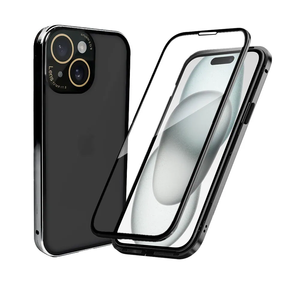 Obudowa do iPhone 15 podwójna szyba i aluminium 360° przód + tył magnetyczna, z osłoną aparatu, czarna