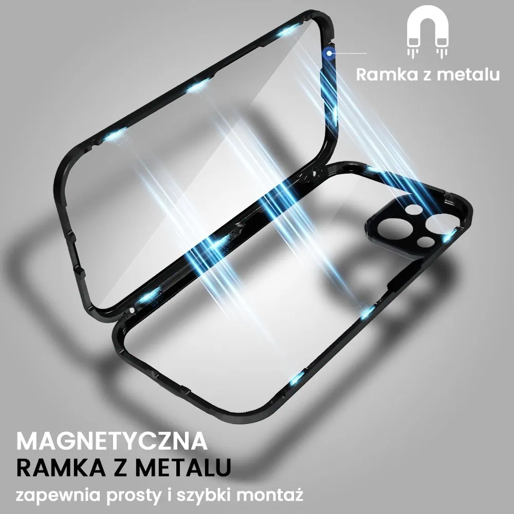 Obudowa do iPhone 15 podwójna szyba i aluminium 360° przód + tył magnetyczna, z osłoną aparatu, czarna
