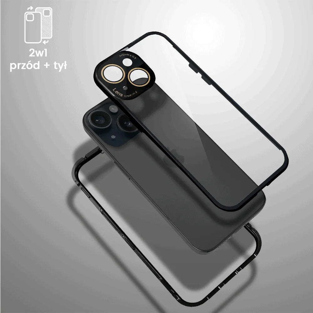 Obudowa do iPhone 15 podwójna szyba i aluminium 360° przód + tył magnetyczna, z osłoną aparatu, czarna