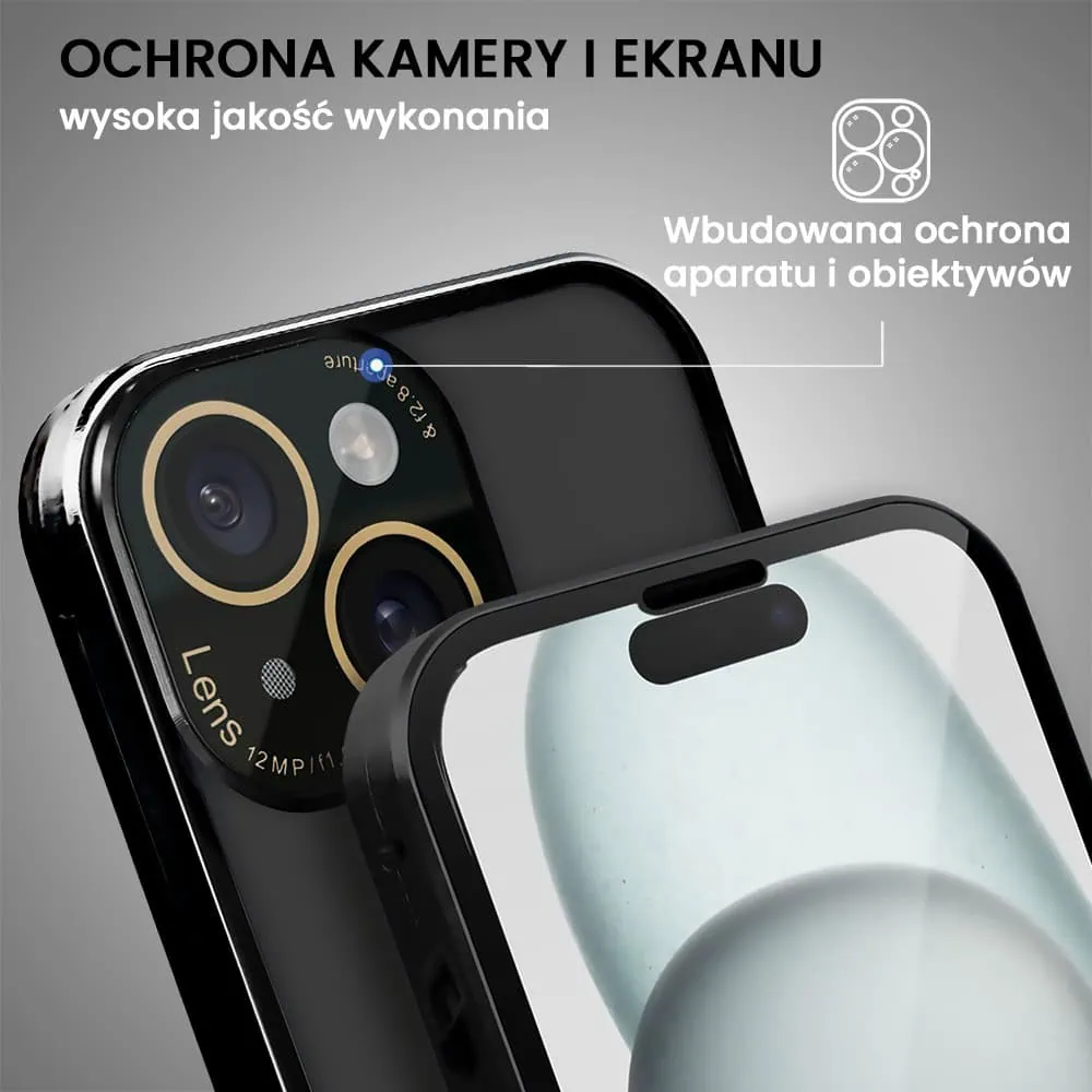Obudowa do iPhone 15 podwójna szyba i aluminium 360° przód + tył magnetyczna, z osłoną aparatu, czarna