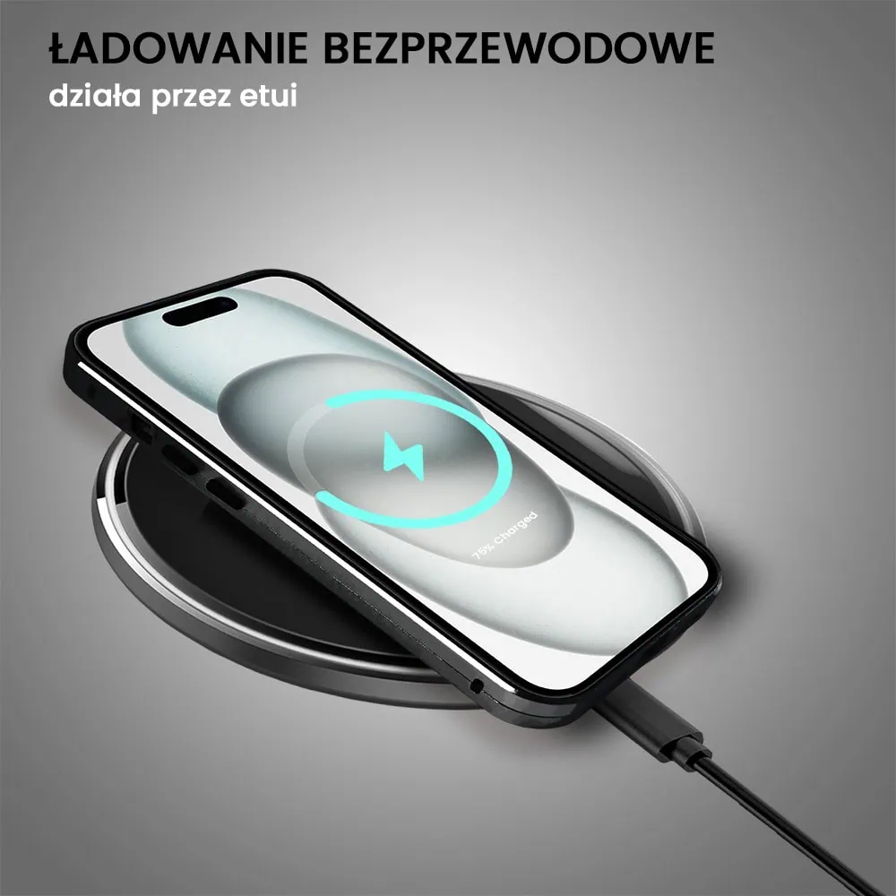 Obudowa do iPhone 15 podwójna szyba i aluminium 360° przód + tył magnetyczna, z osłoną aparatu, czarna