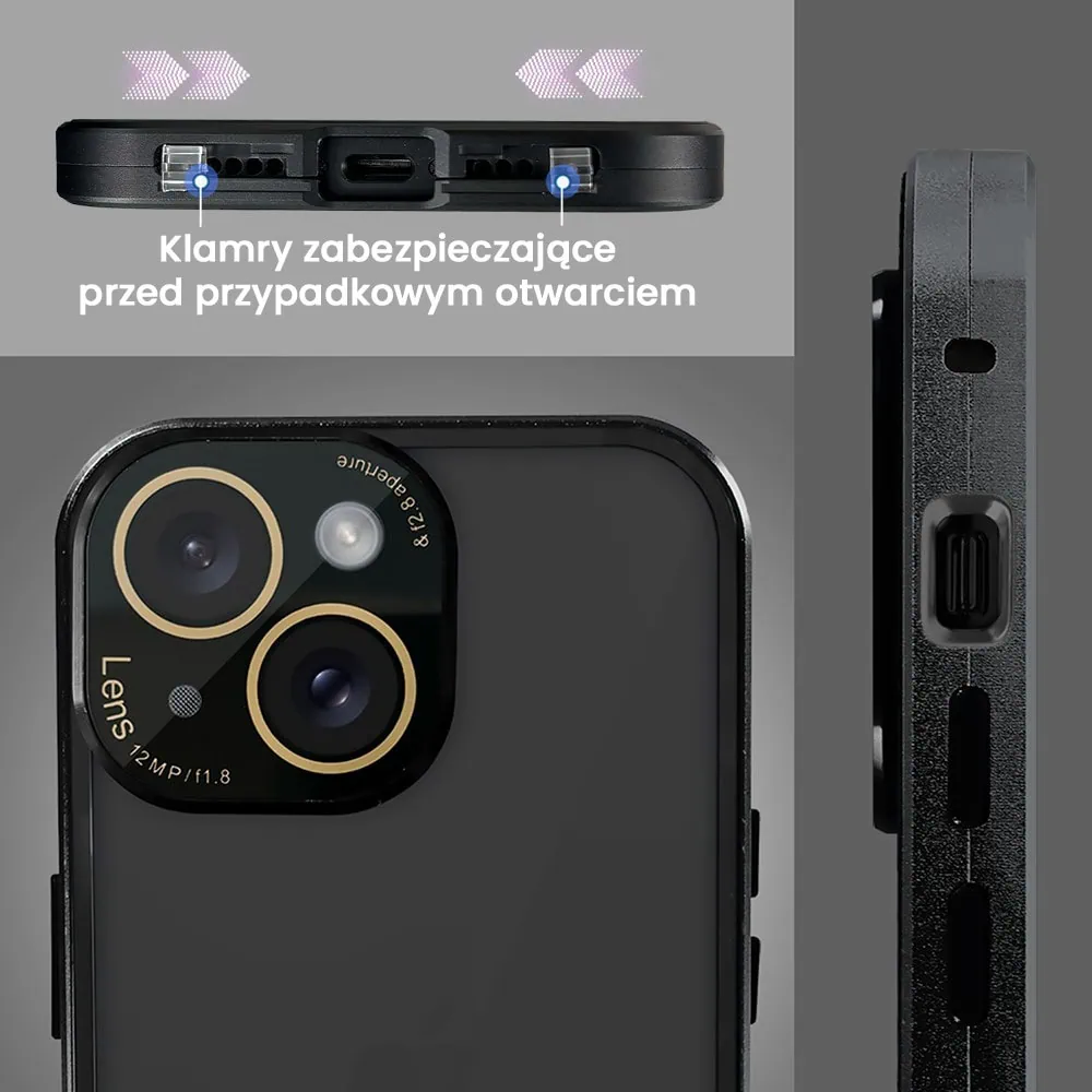 Obudowa do iPhone 15 podwójna szyba i aluminium 360° przód + tył magnetyczna, z osłoną aparatu, czarna