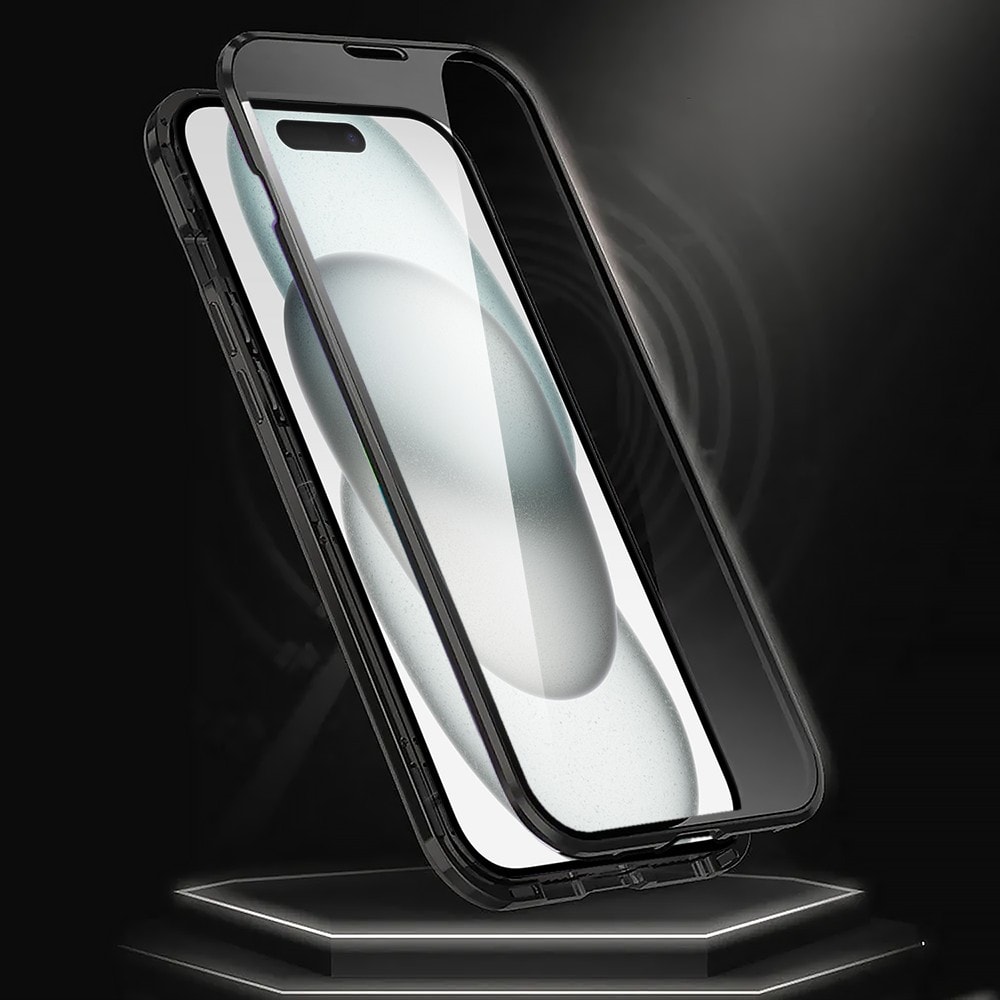 Obudowa do iPhone 15 podwójna szyba i aluminium 360° przód + tył magnetyczna, z osłoną aparatu, czarna