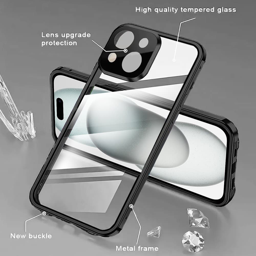 Obudowa do iPhone 15 podwójna szyba i aluminium 360° przód + tył magnetyczna, z osłoną aparatu, czarna