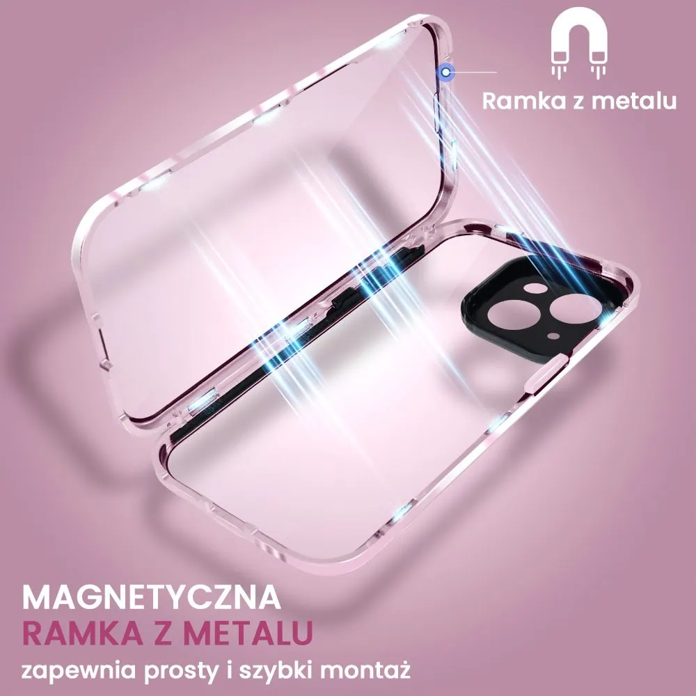Obudowa do iPhone 15, podwójna szyba i aluminium 360° przód + tył magnetyczna, z osłoną aparatu, blady różowy