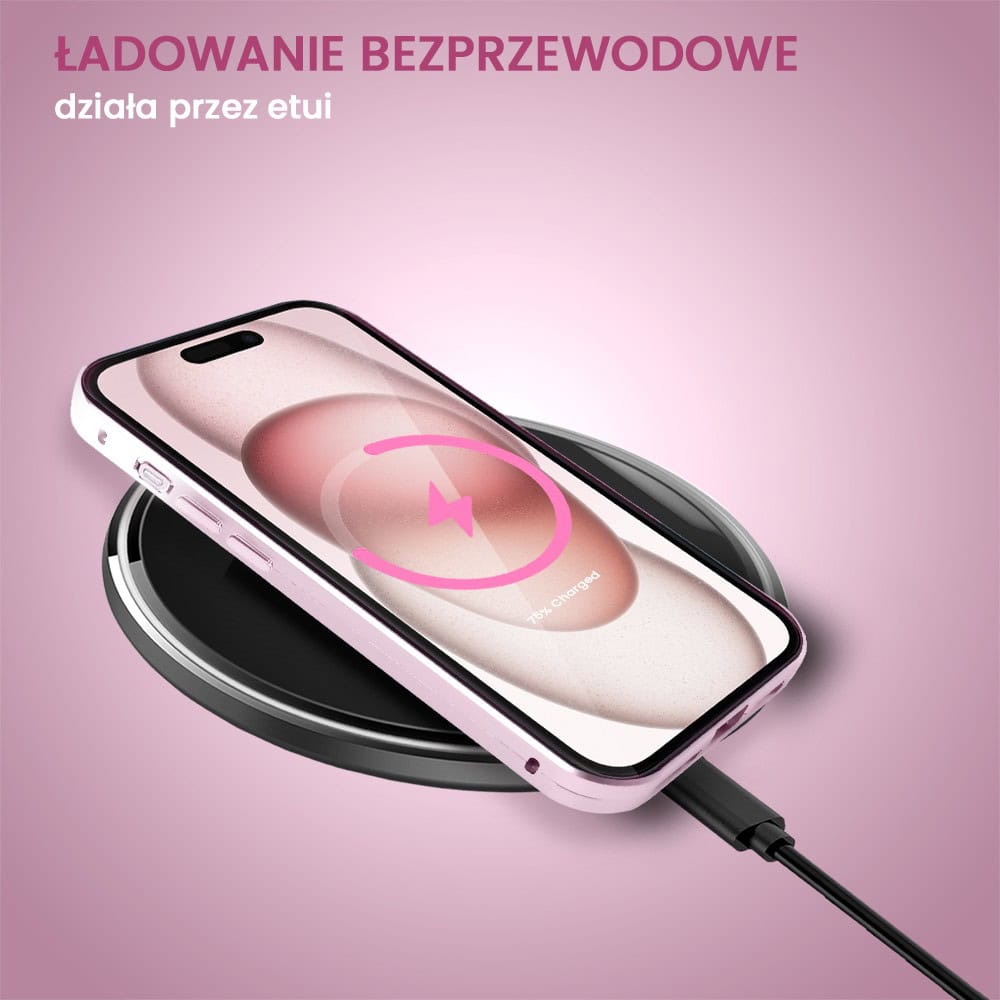 Obudowa do iPhone 15, podwójna szyba i aluminium 360° przód + tył magnetyczna, z osłoną aparatu, blady różowy