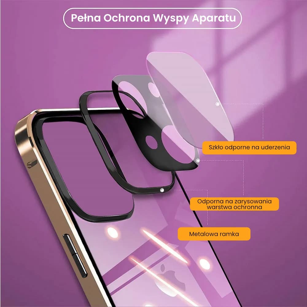 Obudowa do iPhone 15 podwójna szyba i aluminium 360° przód + tył magnetyczna, z osłoną aparatu, złota