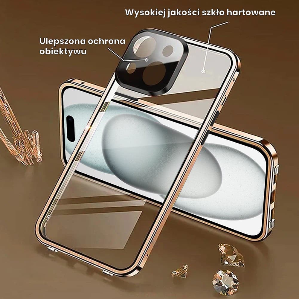 Obudowa do iPhone 15 podwójna szyba i aluminium 360° przód + tył magnetyczna, z osłoną aparatu, złota