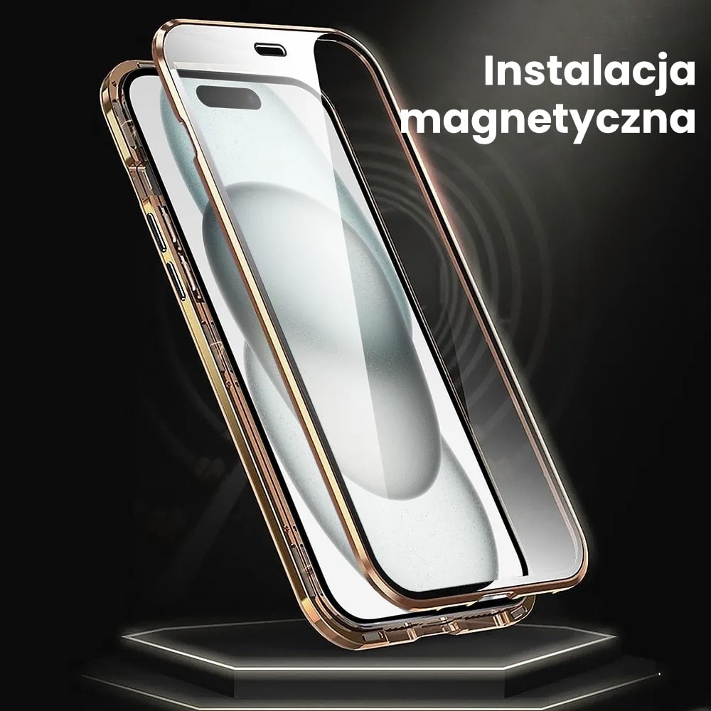 Obudowa do iPhone 15 podwójna szyba i aluminium 360° przód + tył magnetyczna, z osłoną aparatu, złota