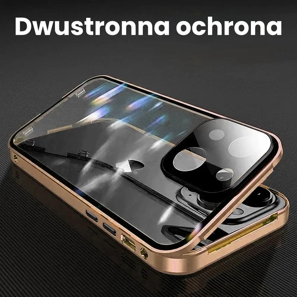 Obudowa do iPhone 15 podwójna szyba i aluminium 360° przód + tył magnetyczna, z osłoną aparatu, złota