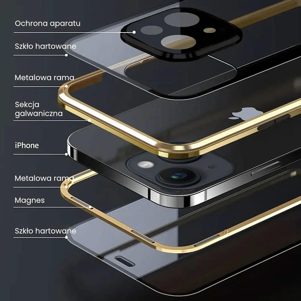 Obudowa do iPhone 15 podwójna szyba i aluminium 360° przód + tył magnetyczna, z osłoną aparatu, złota