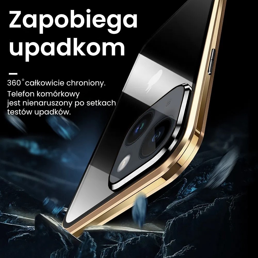 Obudowa do iPhone 15 podwójna szyba i aluminium 360° przód + tył magnetyczna, z osłoną aparatu, złota