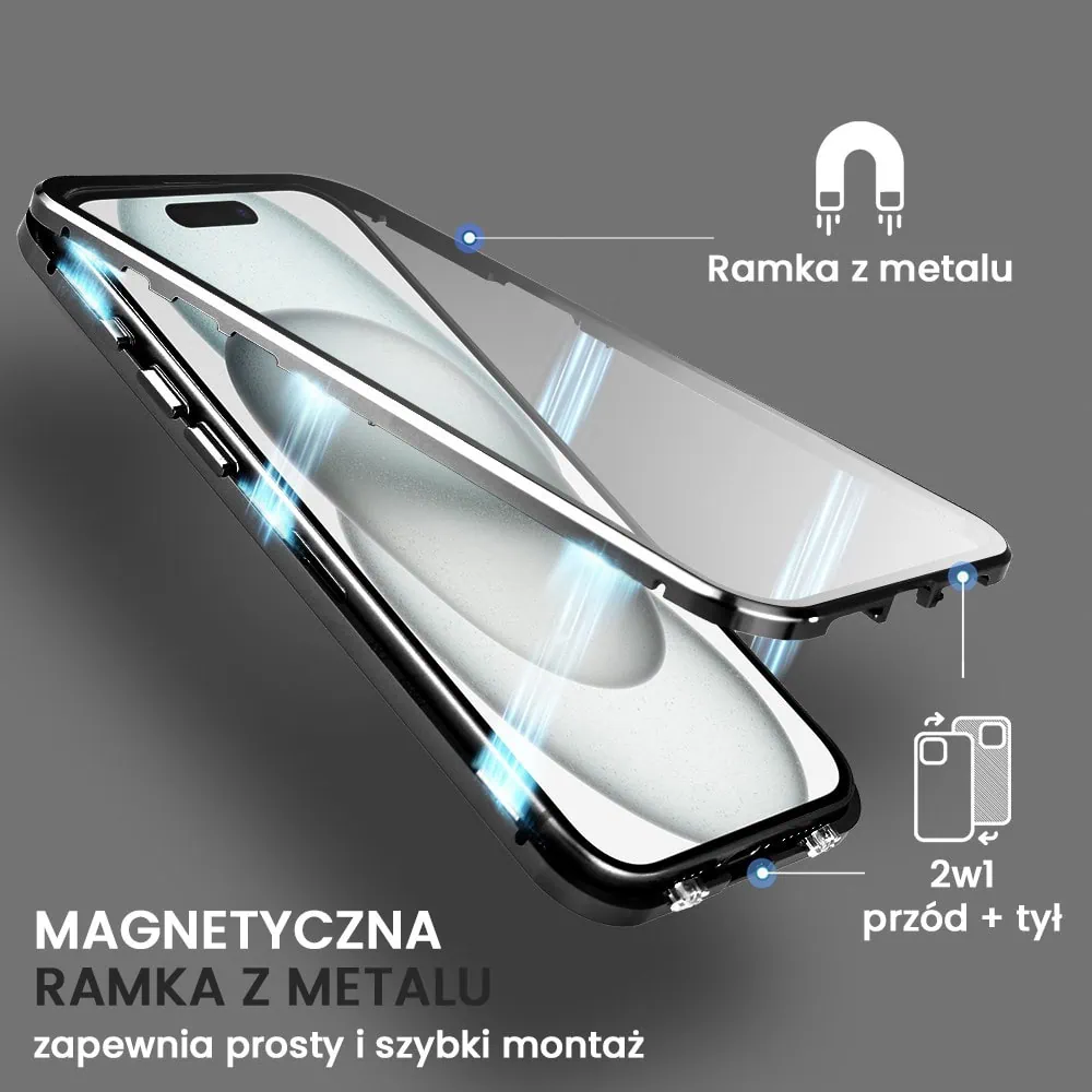 Obudowa do iPhone 15 podwójna szyba i aluminium 360° przód + tył magnetyczna, matowy tył, z MagSafe i osłoną aparatu, czarna
