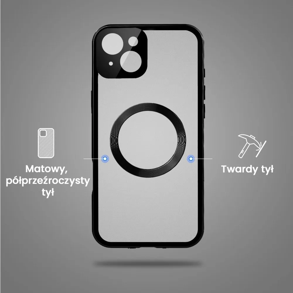 Obudowa do iPhone 15 podwójna szyba i aluminium 360° przód + tył magnetyczna, matowy tył, z MagSafe i osłoną aparatu, czarna