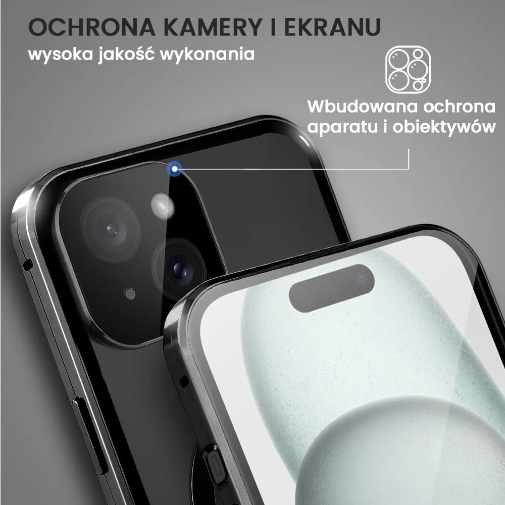 Obudowa do iPhone 15 podwójna szyba i aluminium 360° przód + tył magnetyczna, matowy tył, z MagSafe i osłoną aparatu, czarna