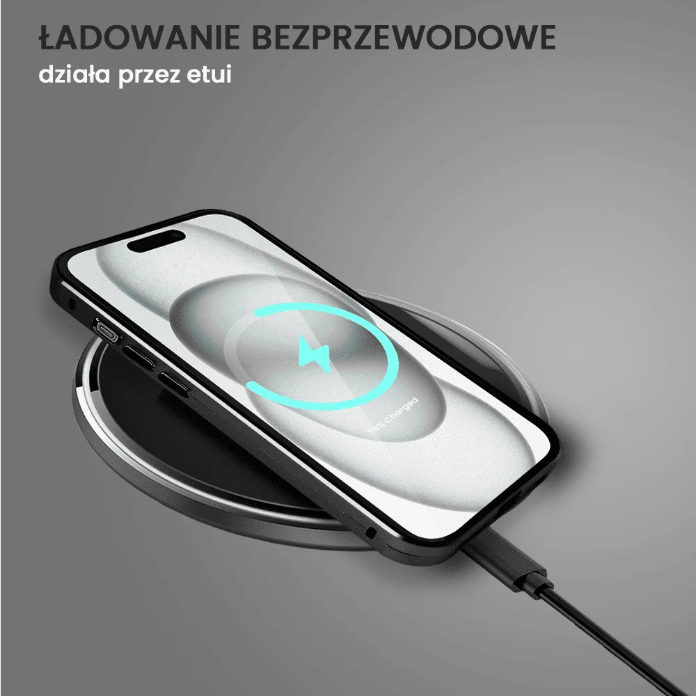 Obudowa do iPhone 15 podwójna szyba i aluminium 360° przód + tył magnetyczna, matowy tył, z MagSafe i osłoną aparatu, czarna