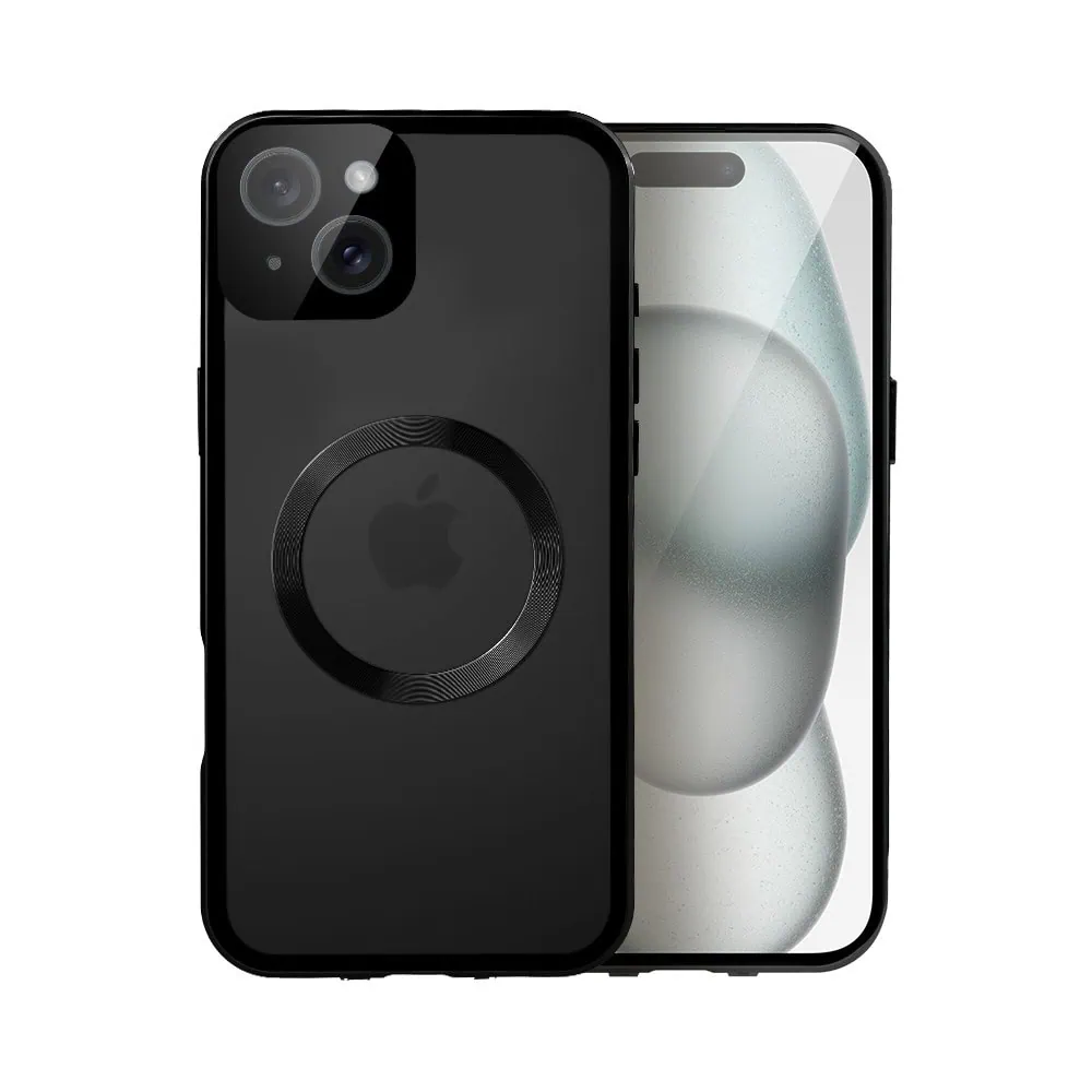 Obudowa do iPhone 15 podwójna szyba i aluminium 360° przód + tył magnetyczna, matowy tył, z MagSafe i osłoną aparatu, czarna