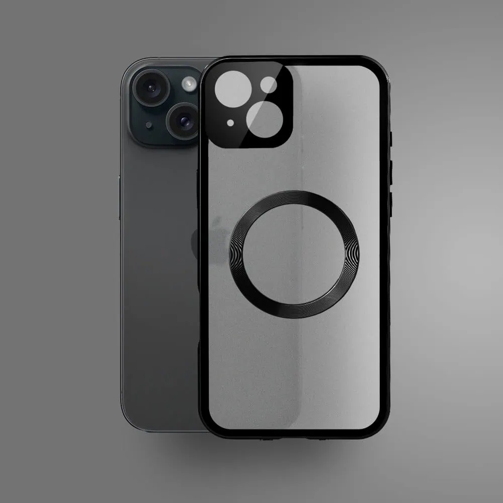 Obudowa do iPhone 15 podwójna szyba i aluminium 360° przód + tył magnetyczna, matowy tył, z MagSafe i osłoną aparatu, czarna