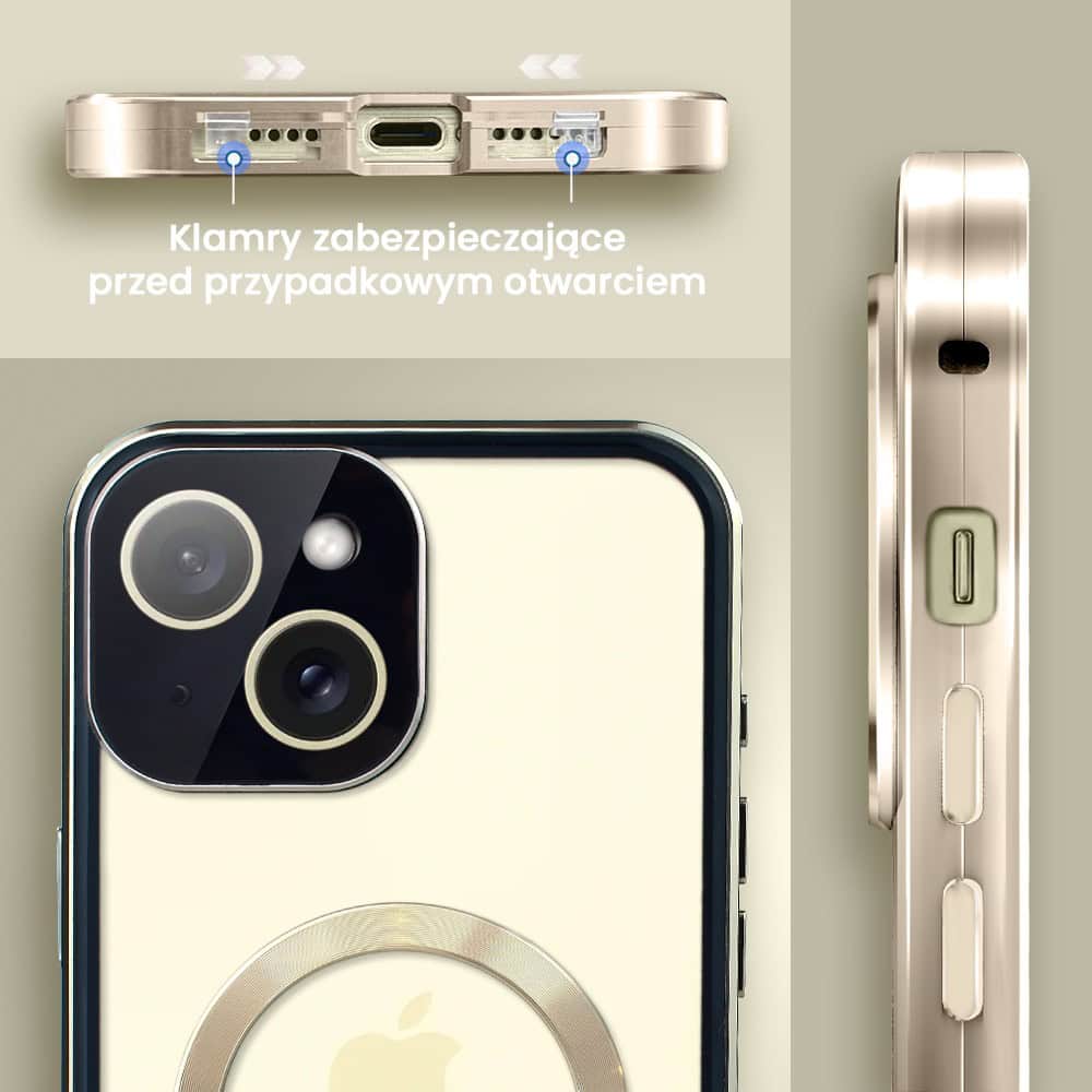 Obudowa do iPhone 15 podwójna szyba i aluminium 360° przód + tył magnetyczna, matowy tył, z MagSafe i osłoną aparatu, złota