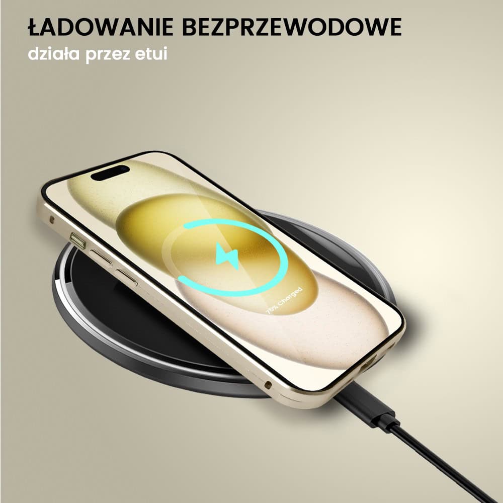 Obudowa do iPhone 15 podwójna szyba i aluminium 360° przód + tył magnetyczna, matowy tył, z MagSafe i osłoną aparatu, złota