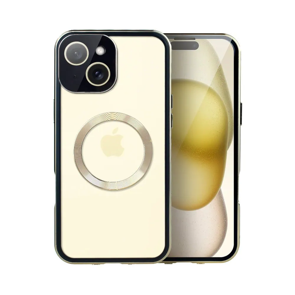 Obudowa do iPhone 15 podwójna szyba i aluminium 360° przód + tył magnetyczna, matowy tył, z MagSafe i osłoną aparatu, złota