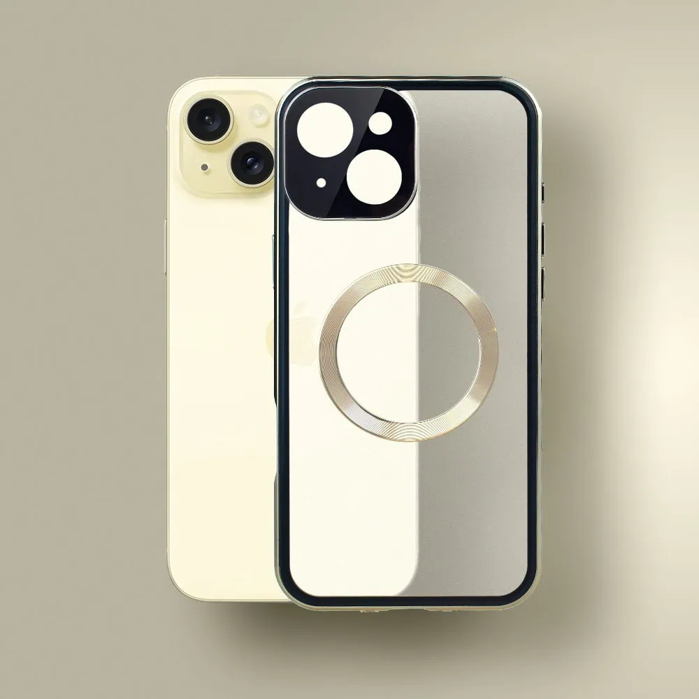 Obudowa do iPhone 15 podwójna szyba i aluminium 360° przód + tył magnetyczna, matowy tył, z MagSafe i osłoną aparatu, złota
