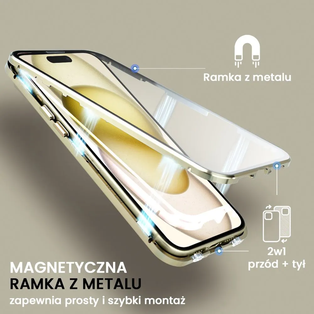 Obudowa do iPhone 15 podwójna szyba i aluminium 360° przód + tył magnetyczna, matowy tył, z MagSafe i osłoną aparatu, złota