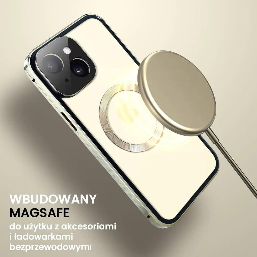 Obudowa do iPhone 15 podwójna szyba i aluminium 360° przód + tył magnetyczna, matowy tył, z MagSafe i osłoną aparatu, złota