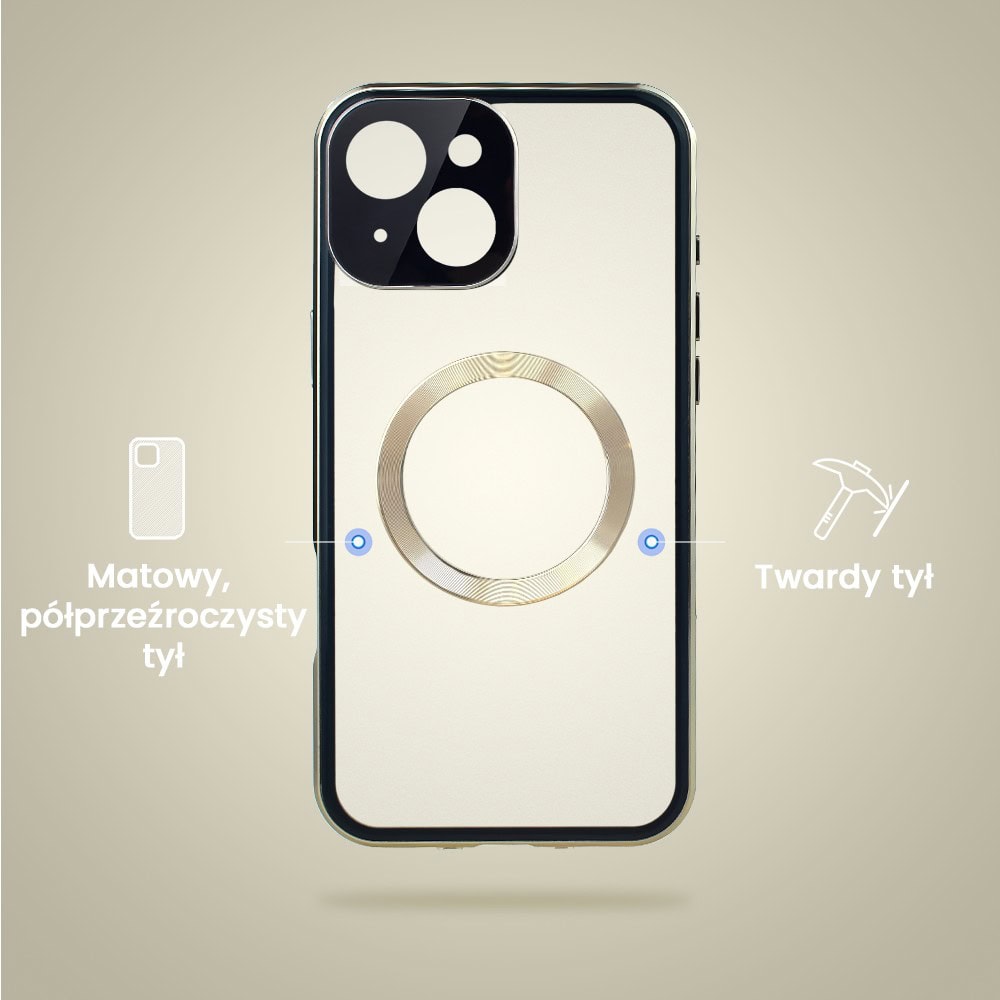 Obudowa do iPhone 15 podwójna szyba i aluminium 360° przód + tył magnetyczna, matowy tył, z MagSafe i osłoną aparatu, złota