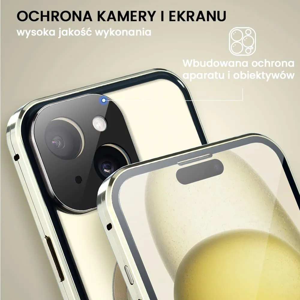 Obudowa do iPhone 15 podwójna szyba i aluminium 360° przód + tył magnetyczna, matowy tył, z MagSafe i osłoną aparatu, złota