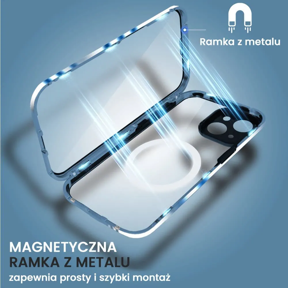 Obudowa do iPhone 15 podwójna szyba i aluminium 360° przód + tył magnetyczna, z Magsafe i osłoną aparatu, niebieska