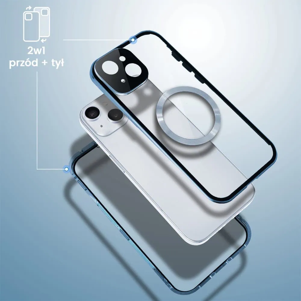 Obudowa do iPhone 15 podwójna szyba i aluminium 360° przód + tył magnetyczna, z Magsafe i osłoną aparatu, niebieska