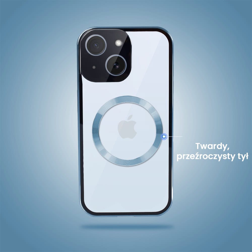 Obudowa do iPhone 15 podwójna szyba i aluminium 360° przód + tył magnetyczna, z Magsafe i osłoną aparatu, niebieska