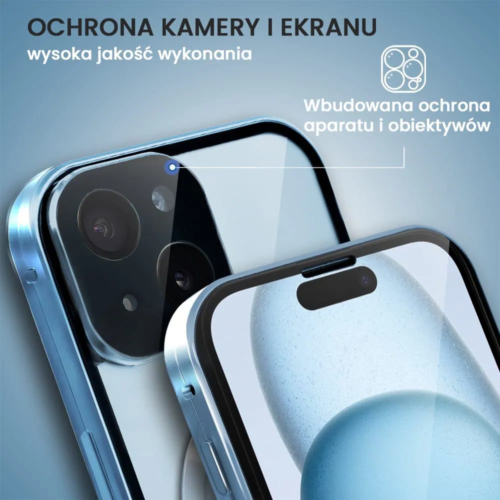 Obudowa do iPhone 15 podwójna szyba i aluminium 360° przód + tył magnetyczna, z Magsafe i osłoną aparatu, niebieska