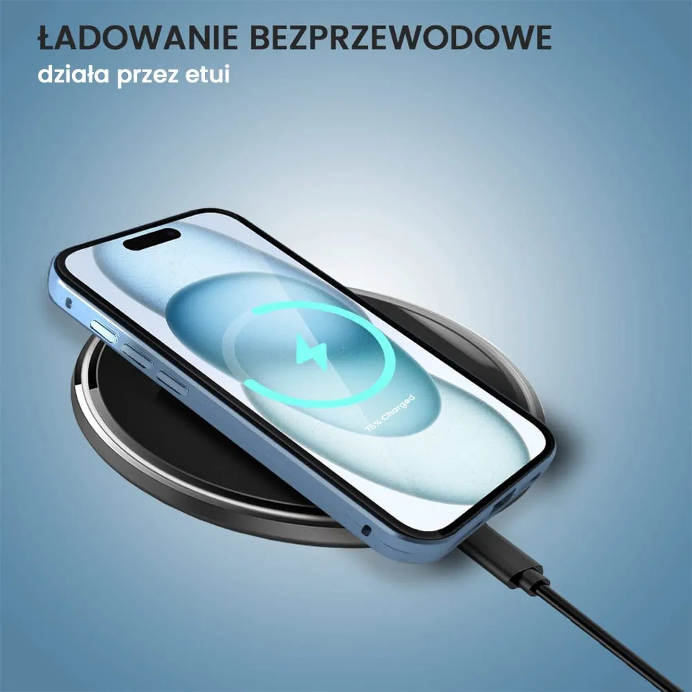 Obudowa do iPhone 15 podwójna szyba i aluminium 360° przód + tył magnetyczna, z Magsafe i osłoną aparatu, niebieska