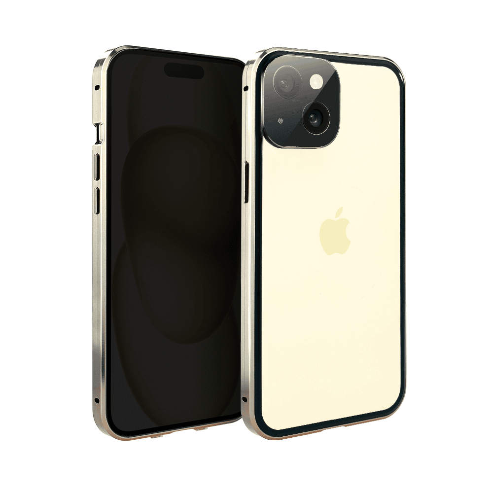 Obudowa do iPhone 15, podwójna szyba i aluminium 360° przód + tył magnetyczna, z osłoną aparatu i szkłem prywatyzującym, złota