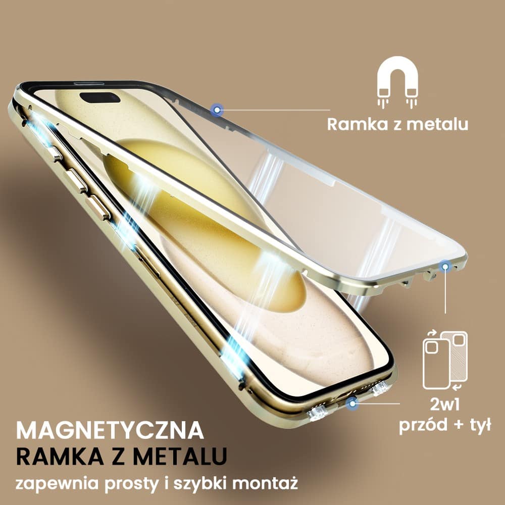 Obudowa do iPhone 15, podwójna szyba i aluminium 360° przód + tył magnetyczna, z osłoną aparatu i szkłem prywatyzującym, złota