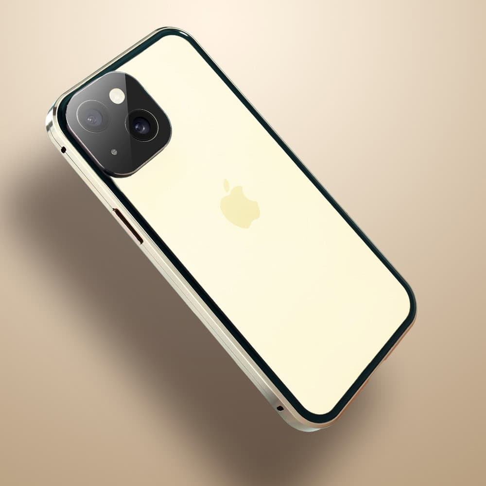 Obudowa do iPhone 15, podwójna szyba i aluminium 360° przód + tył magnetyczna, z osłoną aparatu i szkłem prywatyzującym, złota