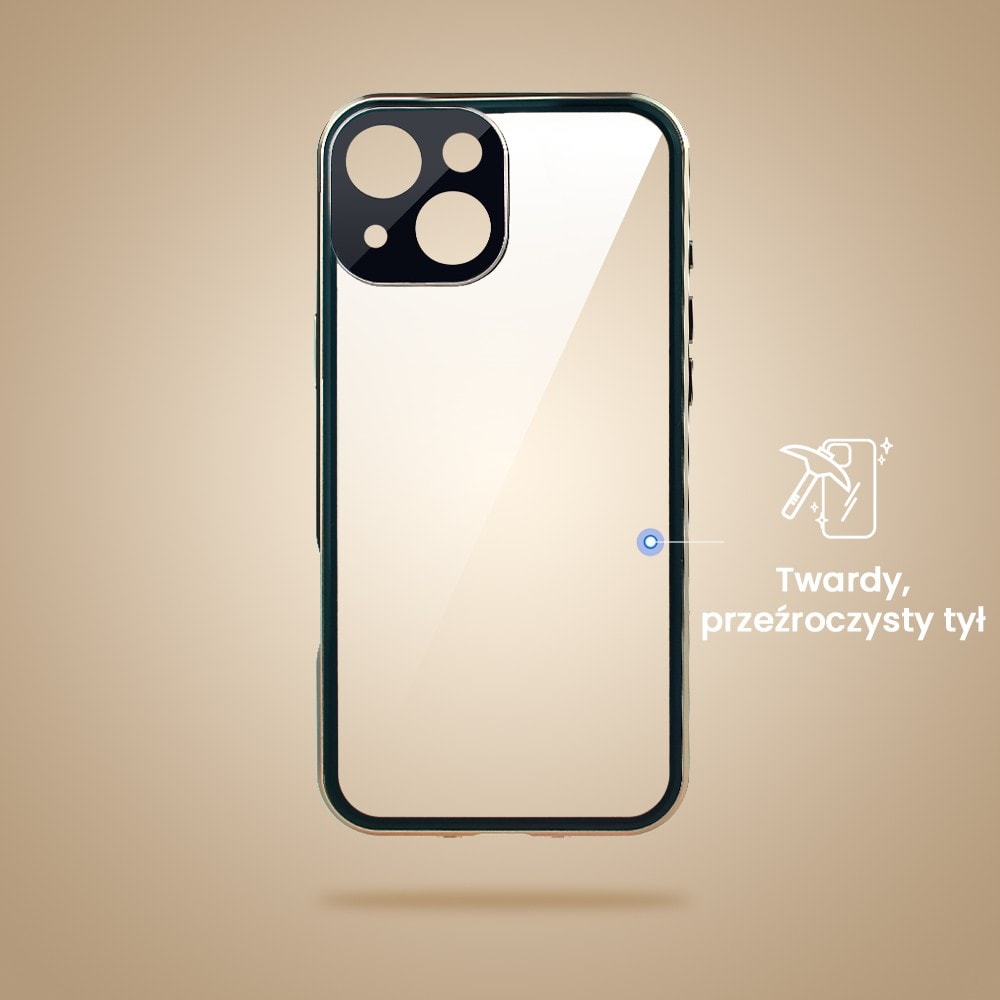 Obudowa do iPhone 15, podwójna szyba i aluminium 360° przód + tył magnetyczna, z osłoną aparatu i szkłem prywatyzującym, złota