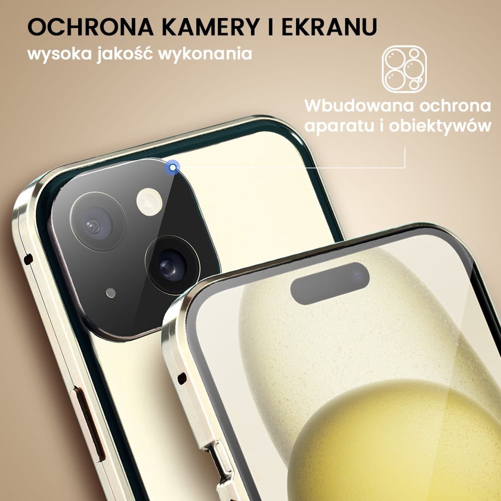 Obudowa do iPhone 15, podwójna szyba i aluminium 360° przód + tył magnetyczna, z osłoną aparatu i szkłem prywatyzującym, złota