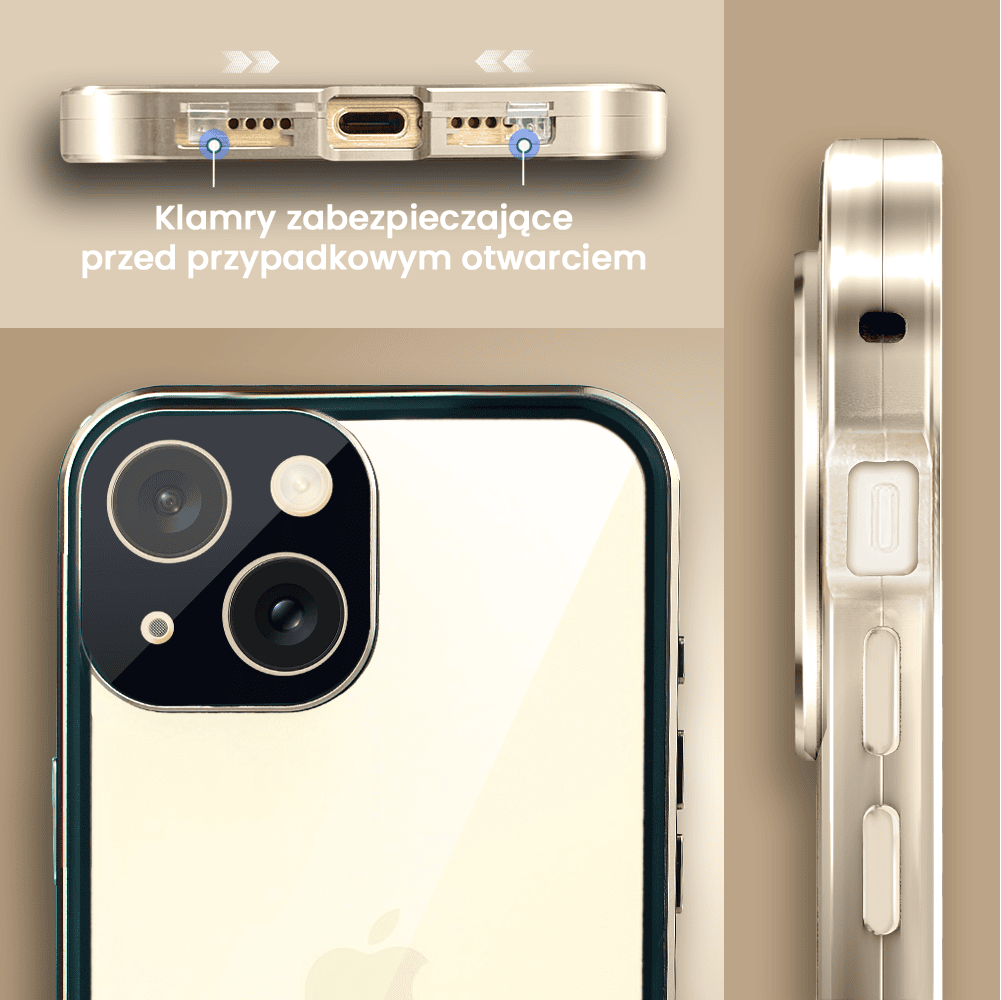 Obudowa do iPhone 15, podwójna szyba i aluminium 360° przód + tył magnetyczna, z osłoną aparatu i szkłem prywatyzującym, złota