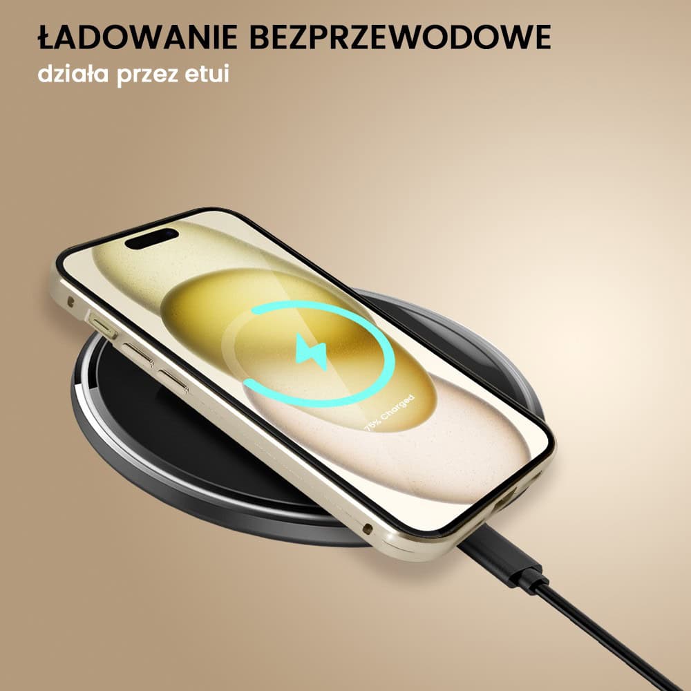 Obudowa do iPhone 15, podwójna szyba i aluminium 360° przód + tył magnetyczna, z osłoną aparatu i szkłem prywatyzującym, złota